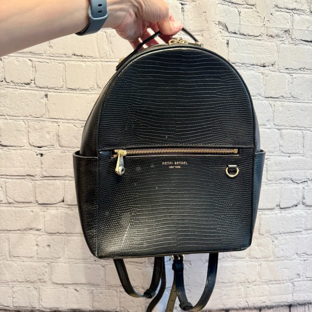 Henri Bendel Black Reptile Embossed Leather Backpack Structured Bag quiet luxury